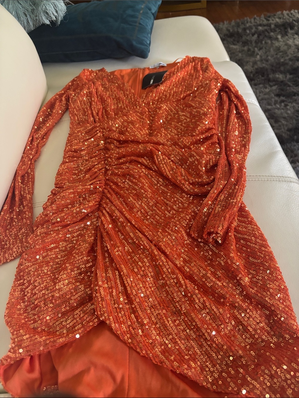 Fashion Nova Orange Sequin Ruched Long Sleeve Dress